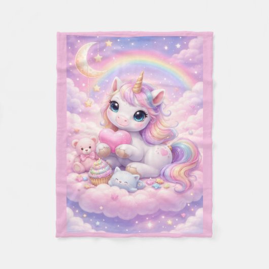 Whimsical Kawaii Pastel Unicorn & Friends On Cloud Fleecedecke (Vorderseite)