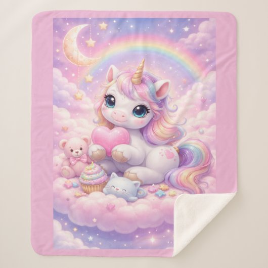 Whimsical Kawaii Pastell Einhorn & Freunde Auf Wol Sherpadecke (Vorderseite)