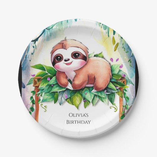 Whimsical Kids Sloth Birthday Pappteller (Vorderseite)