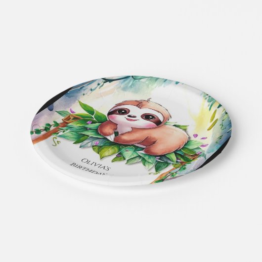 Whimsical Kids Sloth Birthday Pappteller (Schrägansicht)