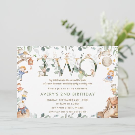 Whimsical Kinderzimmer Rhyme Greenery 2. Geburtsta Einladung (Stehend Vorderseite)