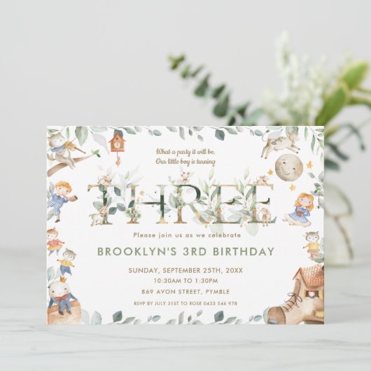 Whimsical Kinderzimmer Rhyme Greenery 3. Geburtsta Einladung (Stehend Vorderseite)