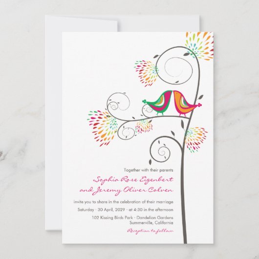 Whimsical Kissing Summer Love Birds Wedite Einladu Einladung (Vorderseite)