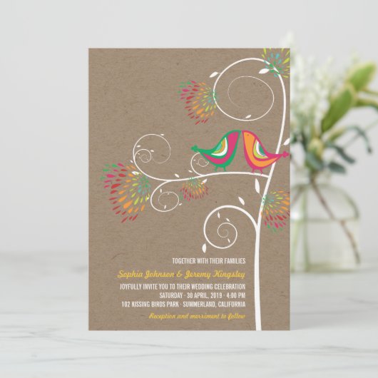 Whimsical Kissing Summer Love Birds Wedite Einladu Einladung (Stehend Vorderseite)
