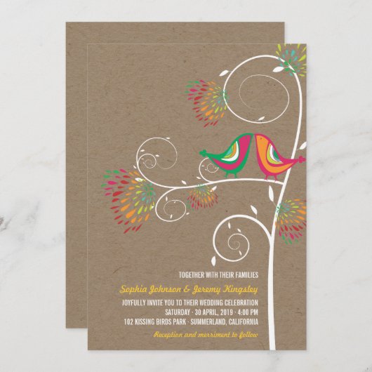 Whimsical Kissing Summer Love Birds Wedite Einladu Einladung (Vorne/Hinten)