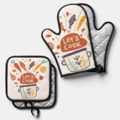 Whimsical Kitchen Scene with "Lass's Cook" Text - Ofenhandschuh & Topflappen-Set (Vorderseite/Rückseite)