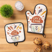 Whimsical Kitchen Scene with "Lass's Cook" Text - Ofenhandschuh & Topflappen-Set (Oben Unten)