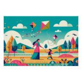Whimsical Kite Adventure: Mutter und Kind Farbe Poster (Vorderseite)
