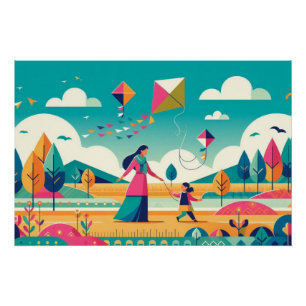 Whimsical Kite Adventure: Mutter und Kind Farbe Poster