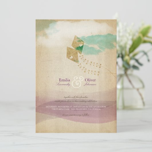 Whimsical Kites Summer Clouds Hochzeit Einladung (Stehend Vorderseite)