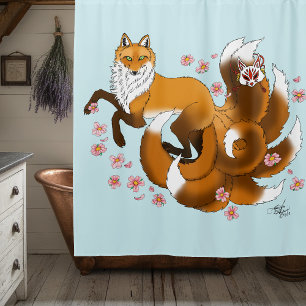 Whimsical Kitsune Fuchs Blaue Kirschblüten Fantasy Duschvorhang