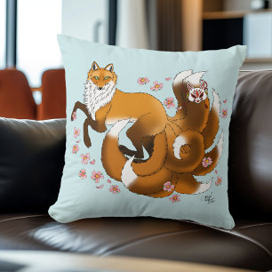 Whimsical Kitsune Fuchs Blaue Kirschblüten Fantasy Kissen
