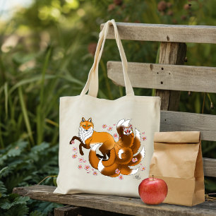 Whimsical Kitsune Fuchs Blaue Kirschblüten Fantasy Tragetasche