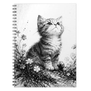 Whimsical Kitten in Wildflowers – Schwarz und Weiß Notizblock