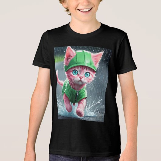 Whimsical Kitten Rain Run Premium Unisex Jugend-T- Tri-Blend Shirt (Vorderseite)