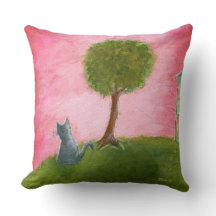 Whimsical Kitty Cat Folk Art Malerei Pink Sky