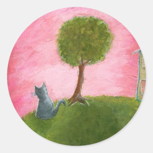 Whimsical Kitty Cat Folk Art Malerei Pink Sky Runder Aufkleber (Vorderseite)