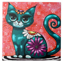 Whimsical Kitty Cat Sitzen auf Rug Floral Aquamari