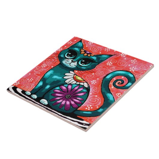 Whimsical Kitty Cat Sitzen auf Rug Floral Aquamari Fliese (Seite)