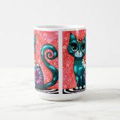 Whimsical Kitty Cat Sitzen auf Rug Floral Aquamari Kaffeetasse (Mittel)