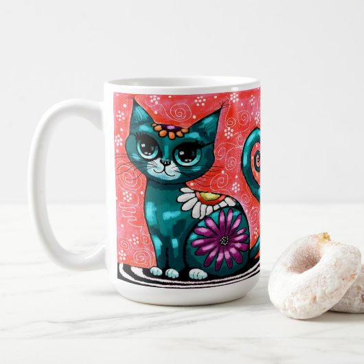 Whimsical Kitty Cat Sitzen auf Rug Floral Aquamari Kaffeetasse (Mit Donut)