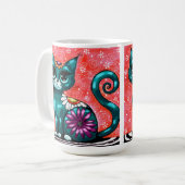 Whimsical Kitty Cat Sitzen auf Rug Floral Aquamari Kaffeetasse (Vorderseite Links)