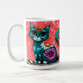Whimsical Kitty Cat Sitzen auf Rug Floral Aquamari Kaffeetasse (Links)