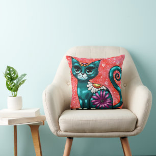 Whimsical Kitty Cat Sitzen auf Rug Floral Aquamari Kissen