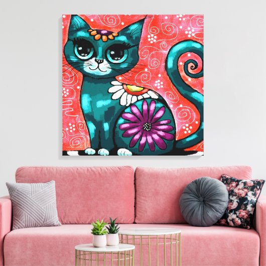 Whimsical Kitty Cat Sitzen auf Rug Floral Aquamari Leinwanddruck (Insitu (Wohnzimmer))