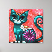Whimsical Kitty Cat Sitzen auf Rug Floral Aquamari Leinwanddruck (Vorderseite)