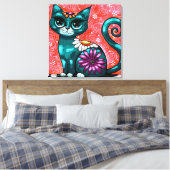 Whimsical Kitty Cat Sitzen auf Rug Floral Aquamari Leinwanddruck (Insitu (Schlafzimmer))