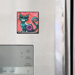 Whimsical Kitty Cat Sitzen auf Rug Floral Aquamari Magnet