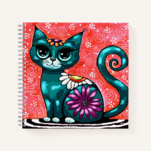 Whimsical Kitty Cat Sitzen auf Rug Floral Aquamari Notizblock
