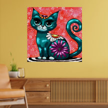 Whimsical Kitty Cat Sitzen auf Rug Floral Aquamari