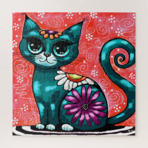 Whimsical Kitty Cat Sitzen auf Rug Floral Aquamari Puzzle