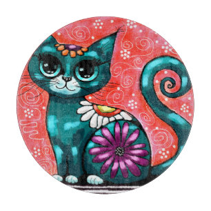 Whimsical Kitty Cat Sitzen auf Rug Floral Aquamari Schneidebrett