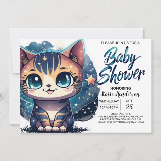 Whimsical Kitty Editable Baby Dusche Einladung (Vorderseite)