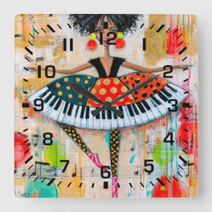 Whimsical Klaviertasten Musik Ballerina Quadratische Wanduhr