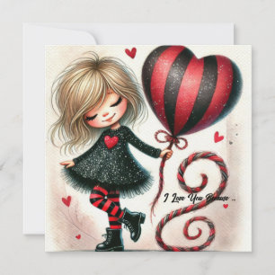 Whimsical Kleines Mädchen Roter Glitzer Herzballon Feiertagskarte