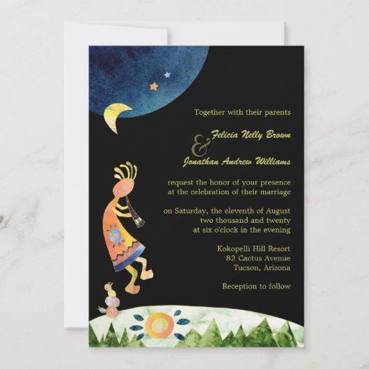 Whimsical Kokopelli Southwest Wedding Einladung (Vorderseite)