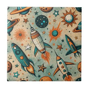 Whimsical Kosmische Raketen Sterne Türkis Koralle Fliese
