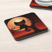 Whimsical lächelnd schwarze Katze Getränkeuntersetzer (Linke Seite)
