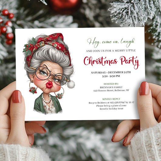 Whimsical lady humor Christmas holiday invitation Einladung