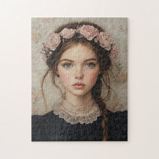 Whimsical Lady in einer Blume Crown Portrait Puzzle