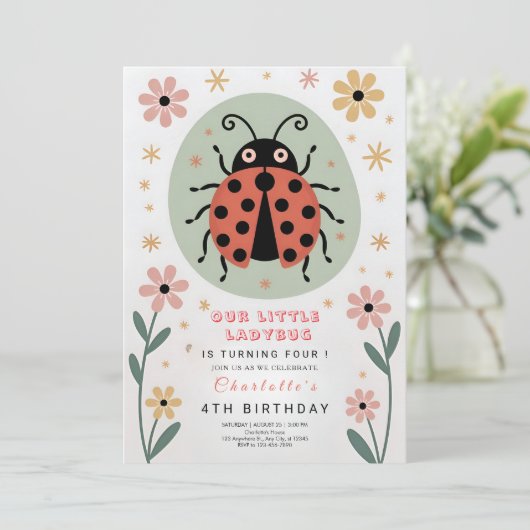 Whimsical Ladybug Birthday Einladung (Stehend Vorderseite)