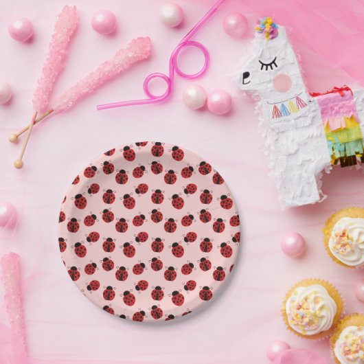 Whimsical Ladybug Pattern auf rosa Pappteller (Party)