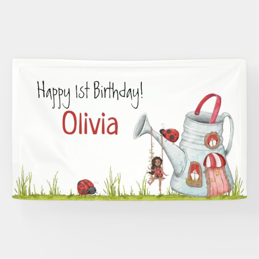 Whimsical LadyBug Swing Garden House 1. Geburtstag Banner (Horizontal)