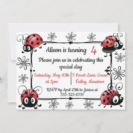 Whimsical Ladybugs Geburtstag Einladung (Vorderseite)
