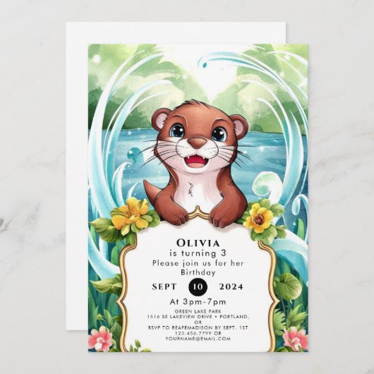 Whimsical Lake Otter Geburtstag Einladung (Vorne/Hinten)