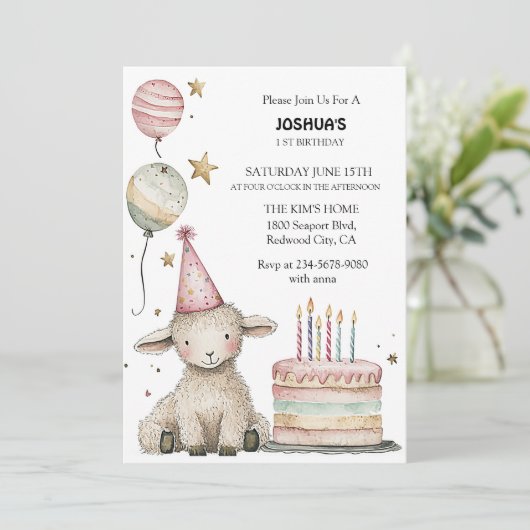 Whimsical Lamb Geburtstagsfeier Einladung (Stehend Vorderseite)